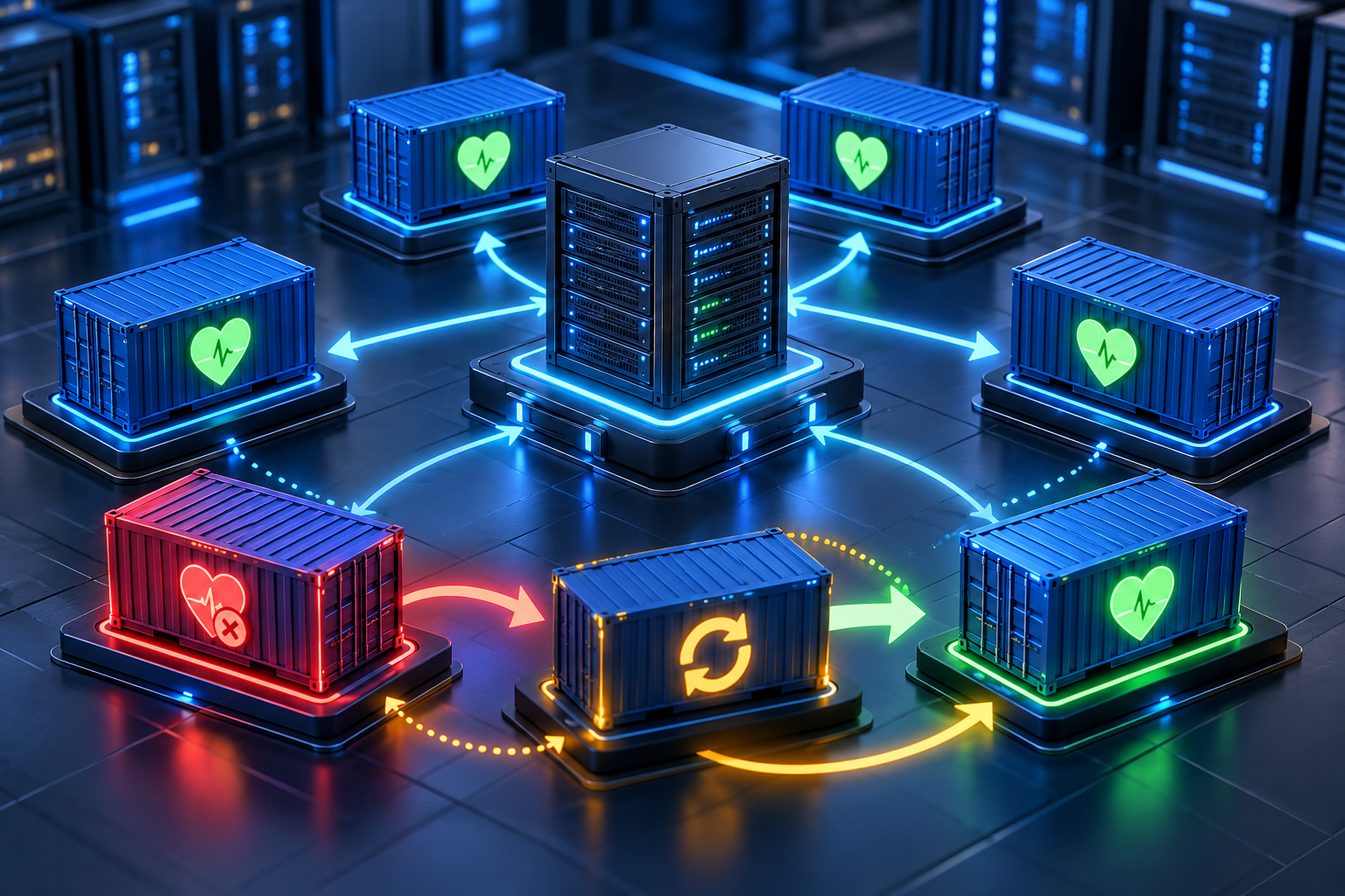 Docker container lỗi được phát hiện qua healthcheck và khởi động lại theo chính sách