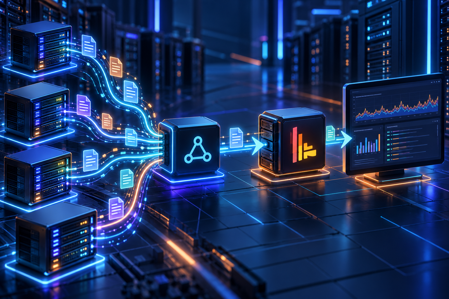 Nhiều VPS gửi log qua collector tới hệ thống lưu trữ và dashboard tập trung