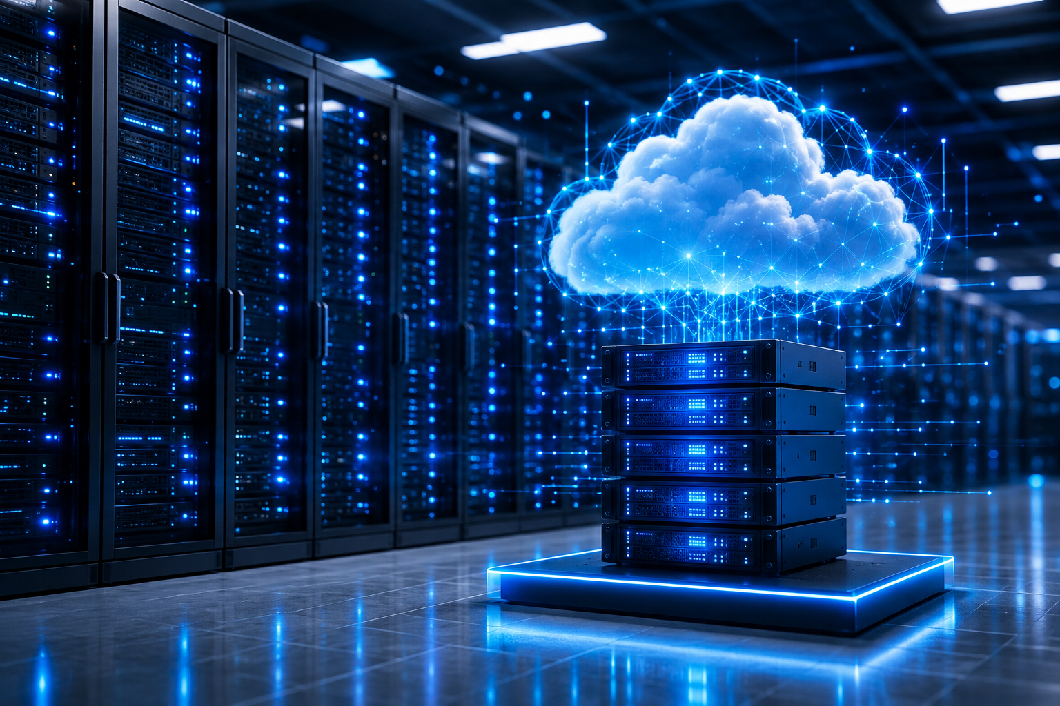 Hạ tầng VPS trong trung tâm dữ liệu với máy chủ và biểu tượng đám mây