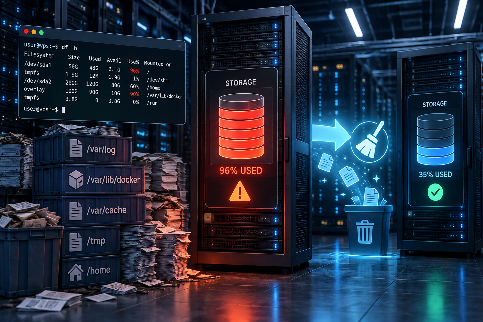 VPS Ubuntu gần đầy ổ đĩa và quy trình giải phóng dung lượng
